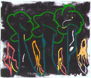 A computer coloured foamboard monoprint of a bush fire by Adam from Regents Park State School.