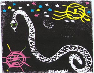 Computer coloured foamboard monoprint of snake by Naumi from Browns Plains State School.