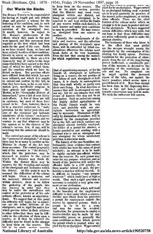Article downloaded from Trove discussing the features of the Aboriginals Protection Act of 1897