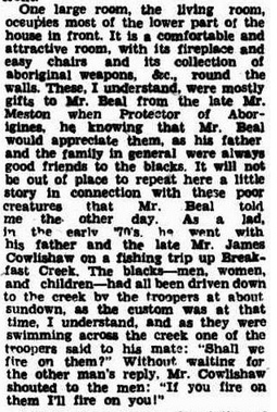 Excerpt from The Queenslander Thurs 12 May 1932 with a reminiscence about James Cowlishaw threatening to shoot Troopers if they fired on Aboriginals