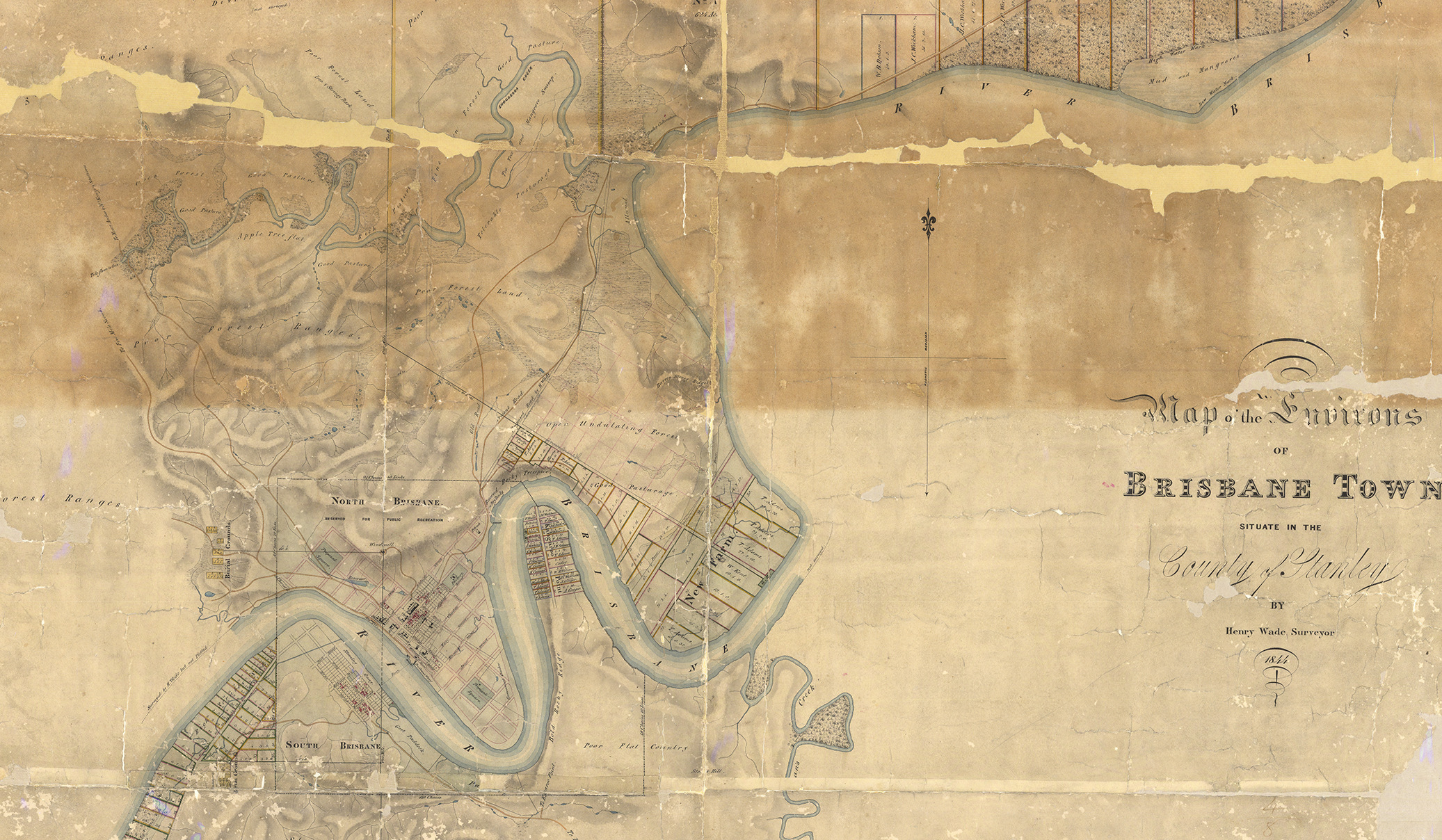 Cropped version of Wades 1844 plan of the environs of Brisbane with the original surveyed town boundaries.